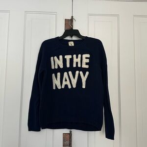 Vintage Knit Navy Blue Sweater with White “In the Navy” Lettering • Size M